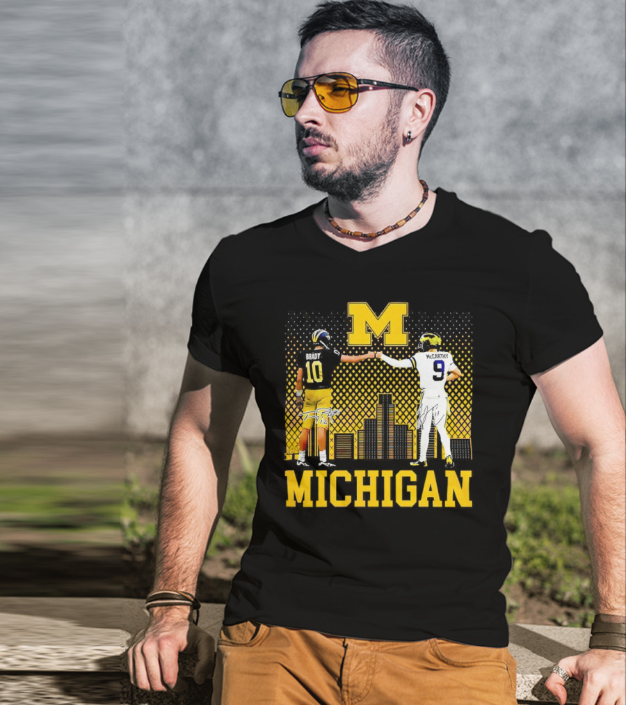 Michigan Wolverines Tom Brady Jj McCarthy Iconic Players Fist Bump Skyline T-Shirt