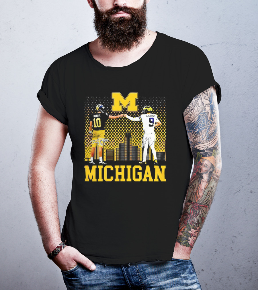 Michigan Wolverines Tom Brady Jj McCarthy Iconic Players Fist Bump Skyline T-Shirt
