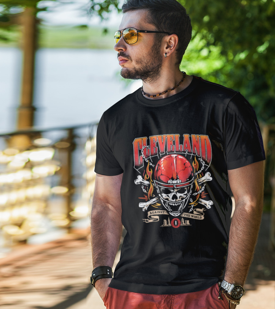 Cleveland Against The World Skull Helmet Flames Crossbones T-Shirt