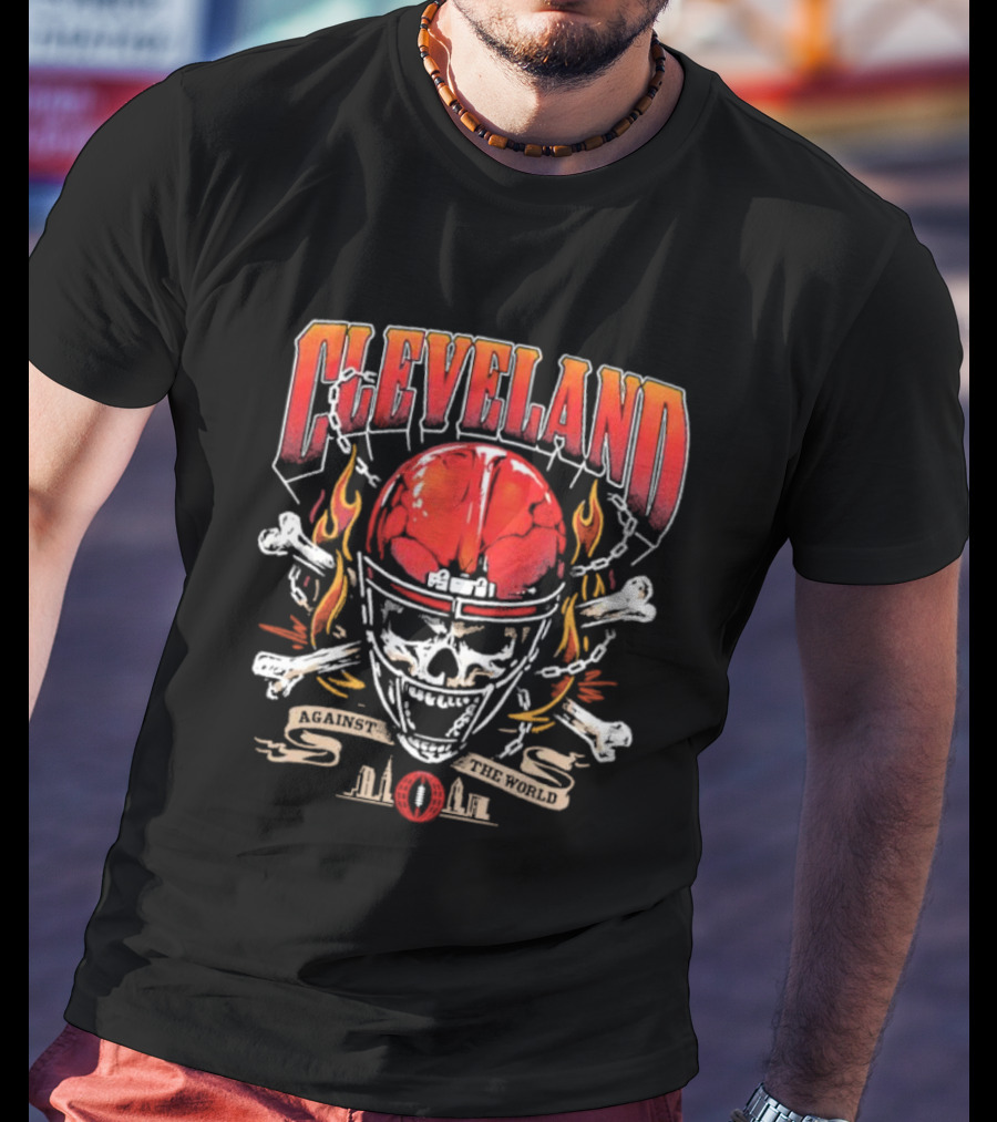 Cleveland Against The World Skull Helmet Flames Crossbones T-Shirt