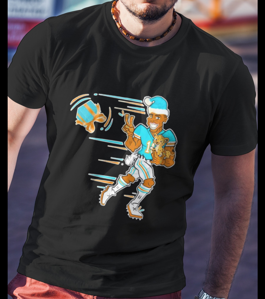 Tyreek Hill Cheetah Claus Football Holiday Player With Cheetah And Santa Hat T-Shirt