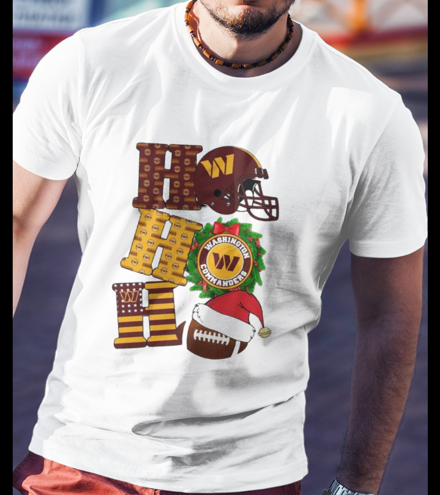 Washington Commanders Helmet Wreath Football Ho Ho Ho Merry Christmas T-Shirt