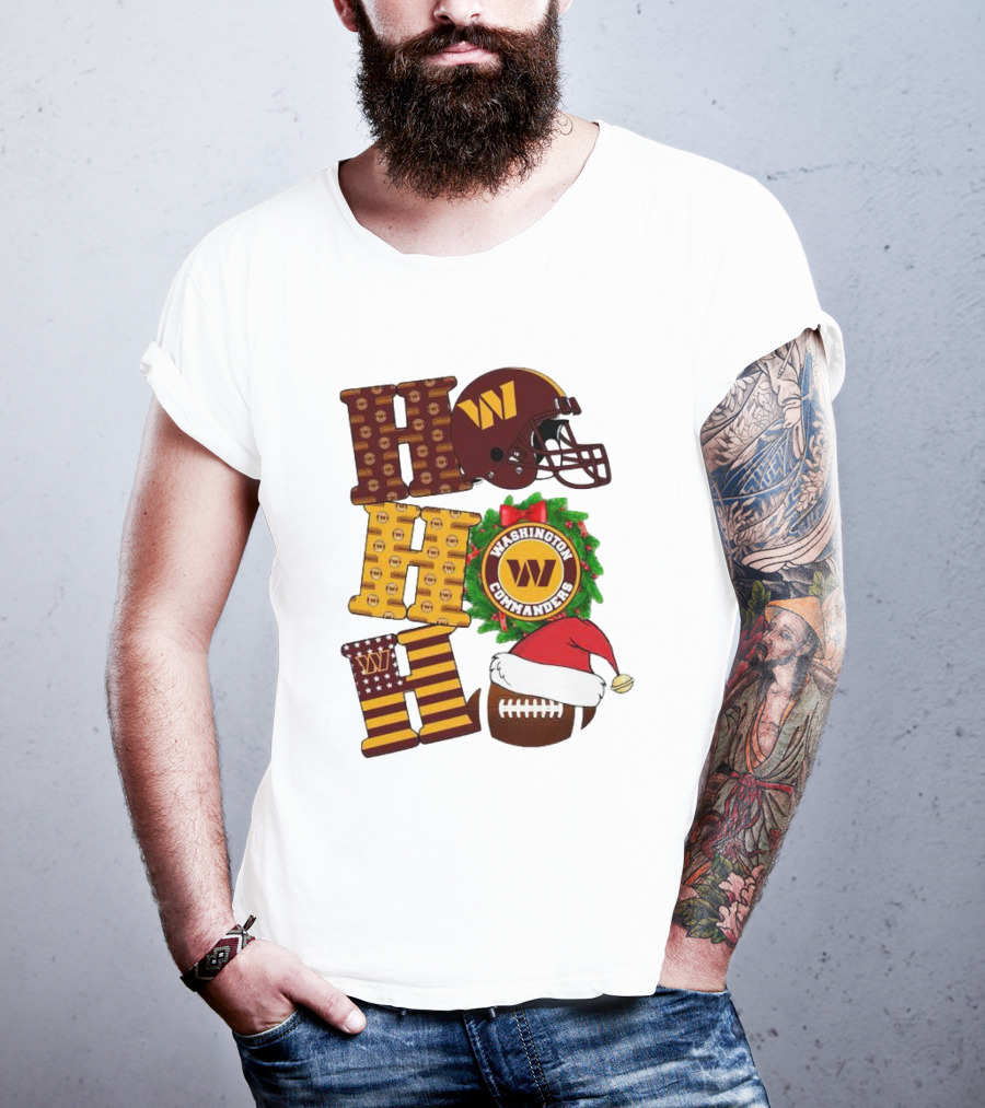 Washington Commanders Helmet Wreath Football Ho Ho Ho Merry Christmas T-Shirt