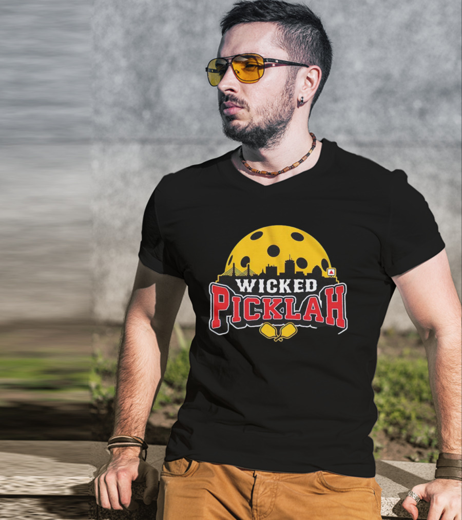 Wicked Picklah Boston Skyline Pickleball Paddle Bridge T-Shirt