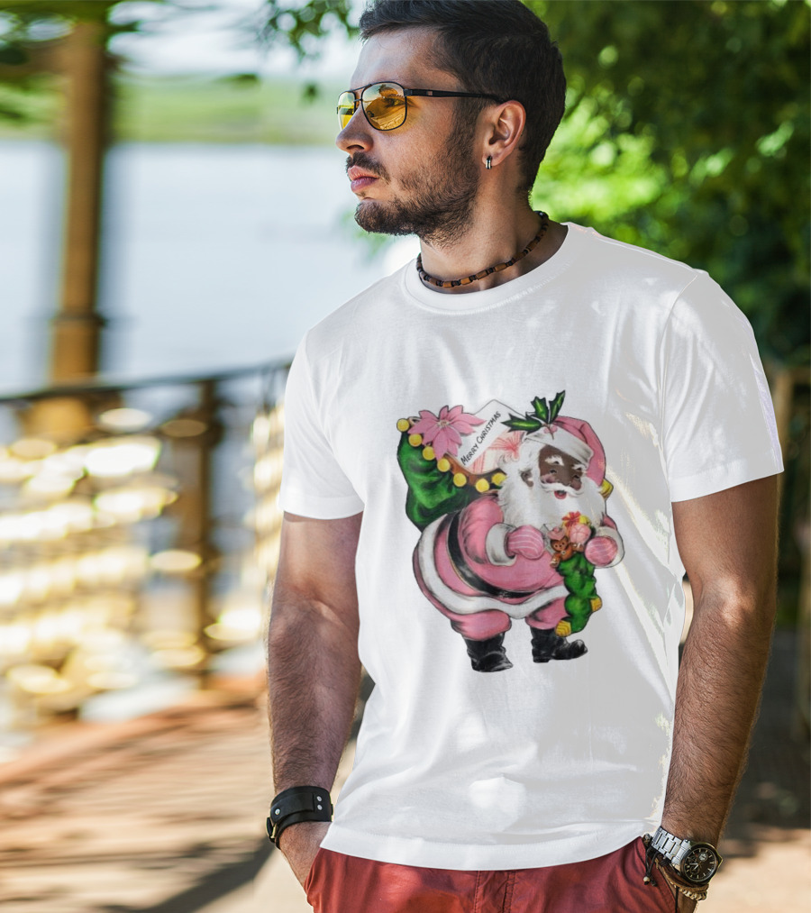 Merry Christmas Santa Claus Wear Pink Outfit With Sack And Toys T-Shirt