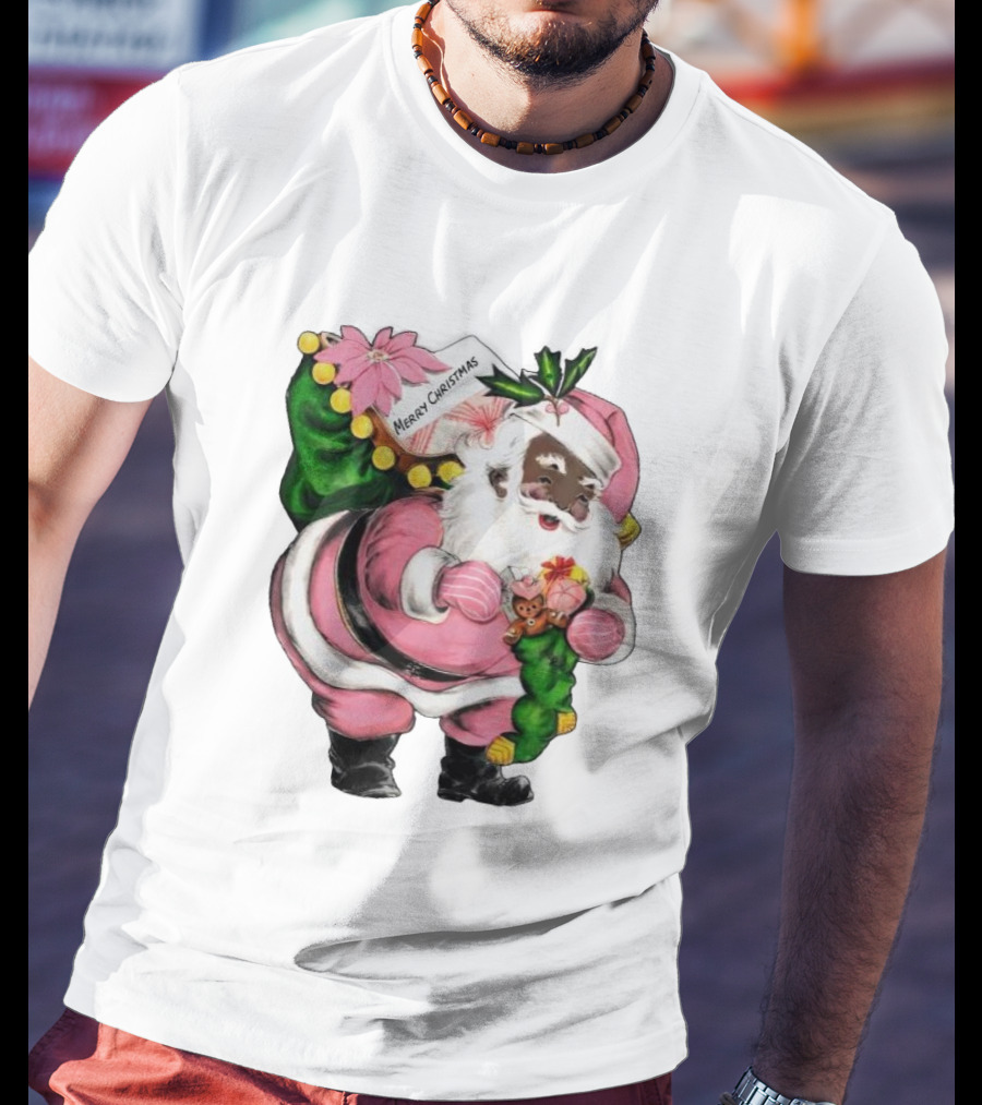 Merry Christmas Santa Claus Wear Pink Outfit With Sack And Toys T-Shirt