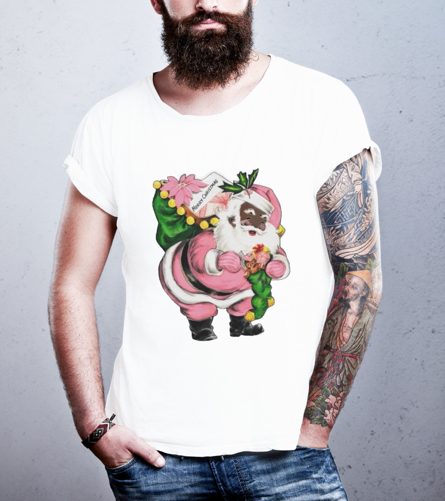 Merry Christmas Santa Claus Wear Pink Outfit With Sack And Toys T-Shirt