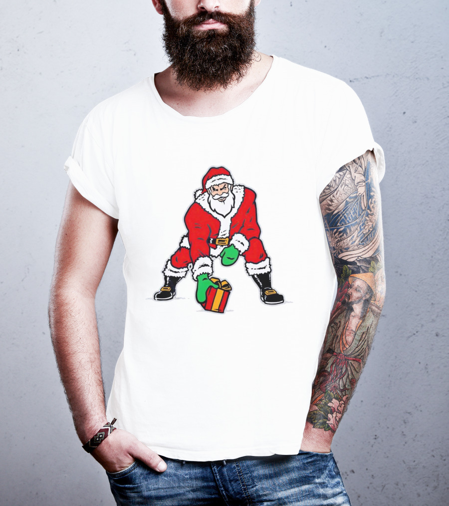 Santa Three Point Stance With Gift Christmas T-Shirt