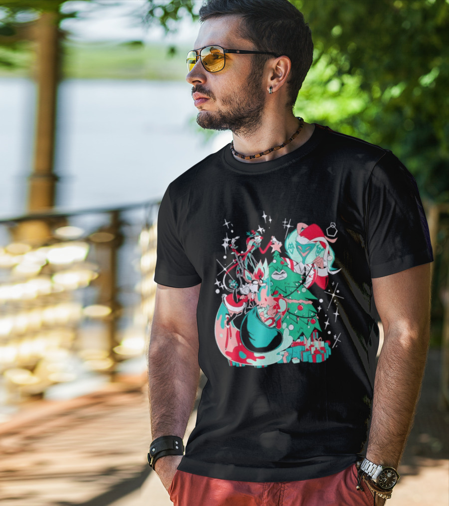 Shark Robot Sinful Holiday Christmas Hazbin Hotel Festive Tree And Characters T-Shirt