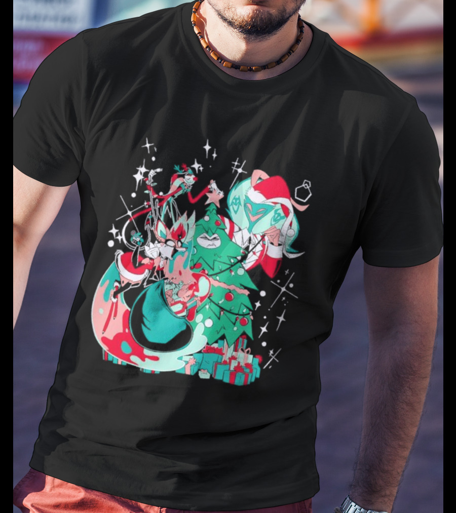 Shark Robot Sinful Holiday Christmas Hazbin Hotel Festive Tree And Characters T-Shirt