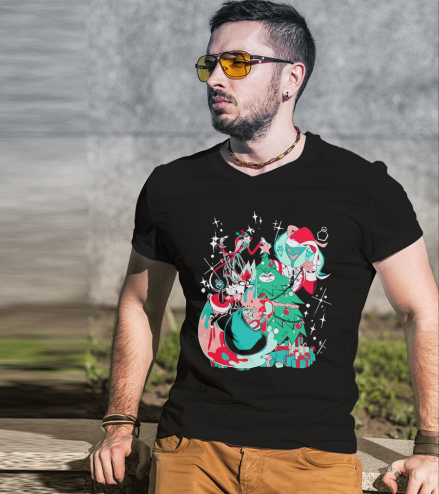 Shark Robot Sinful Holiday Christmas Hazbin Hotel Festive Tree And Characters T-Shirt