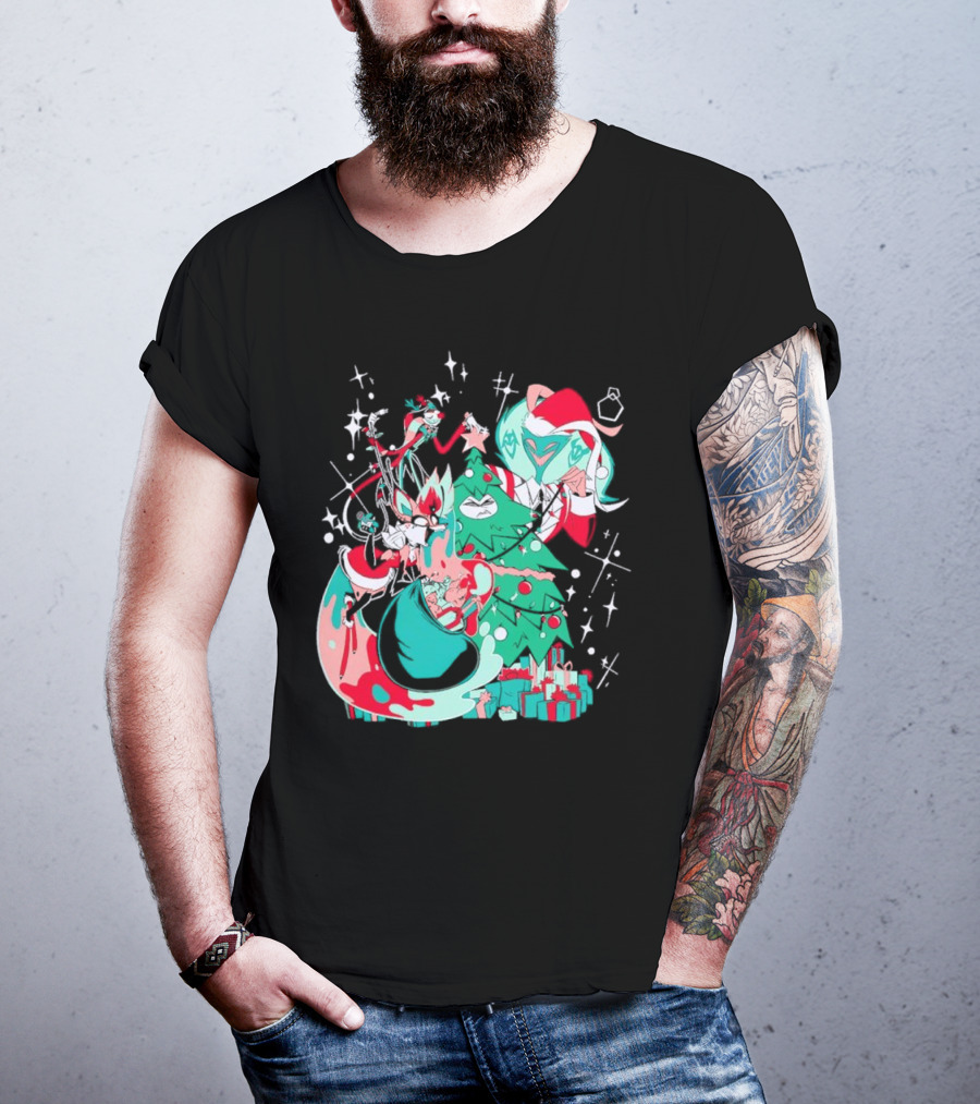 Shark Robot Sinful Holiday Christmas Hazbin Hotel Festive Tree And Characters T-Shirt