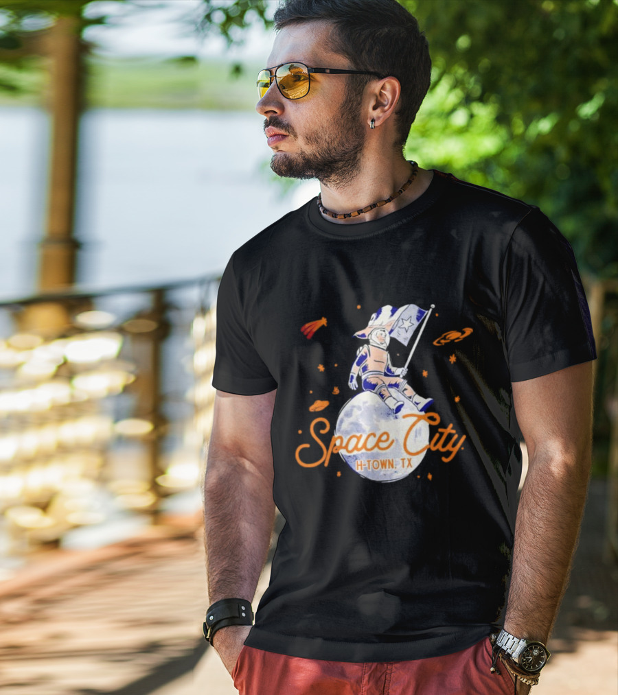 Space City H-Town TX Astronaut On Moon With Saturn And Stars T-Shirt