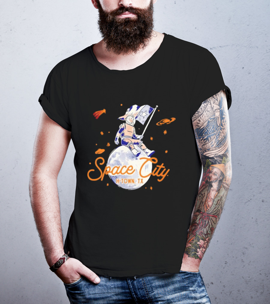 Space City H-Town TX Astronaut On Moon With Saturn And Stars T-Shirt