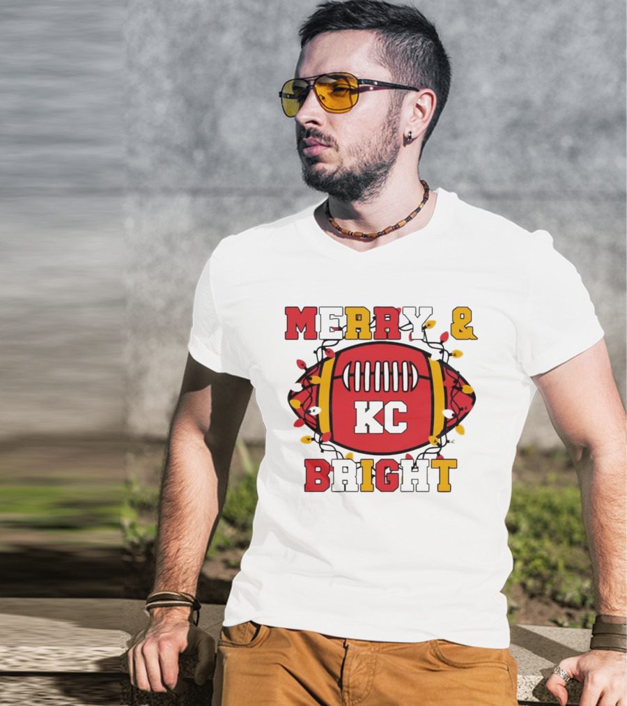 Kansas City Chiefs KC Merry And Bright Football Christmas T-Shirt