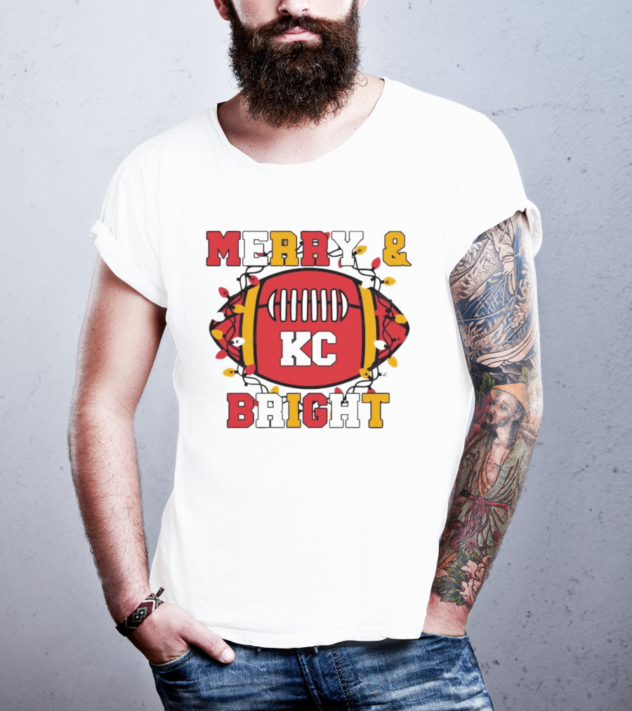 Kansas City Chiefs KC Merry And Bright Football Christmas T-Shirt