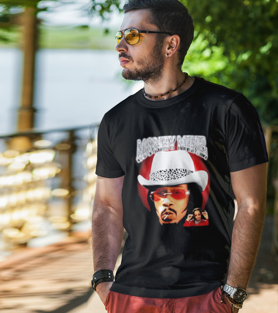 Money Mike Red Backdrop White Hat Sunglasses Iconic T-Shirt