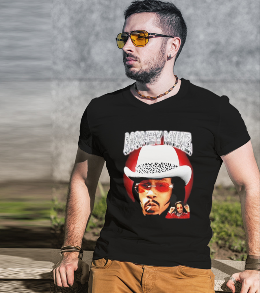 Money Mike Red Backdrop White Hat Sunglasses Iconic T-Shirt