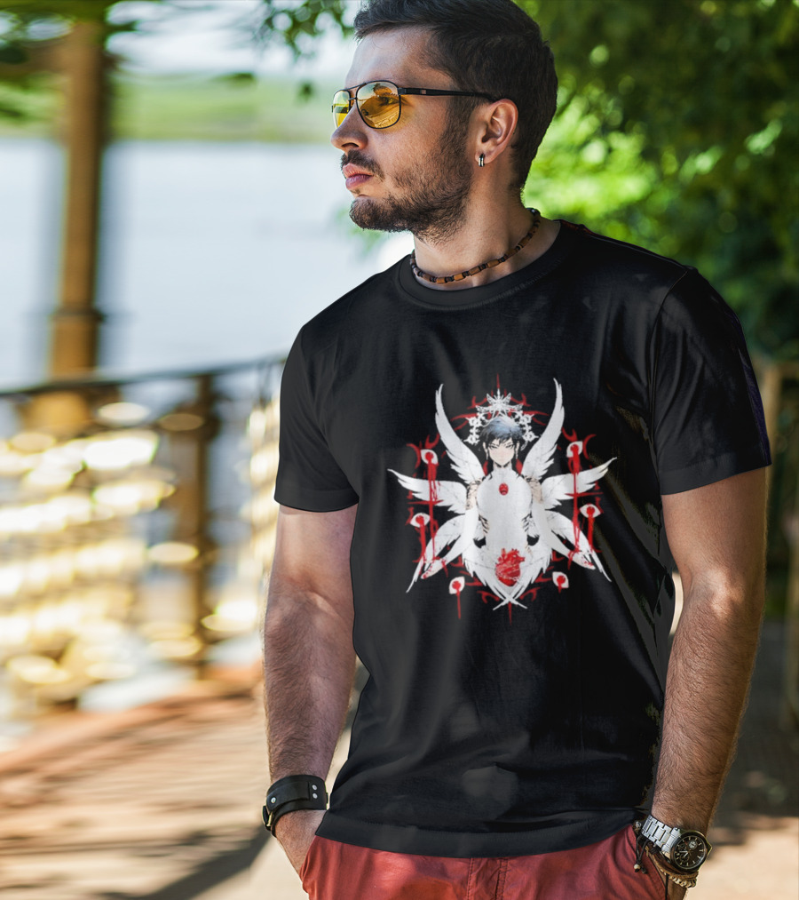 W6rst Maza Anime Angelic Figure With Wings And Red Accents T-Shirt