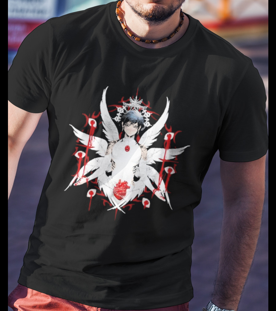 W6rst Maza Anime Angelic Figure With Wings And Red Accents T-Shirt