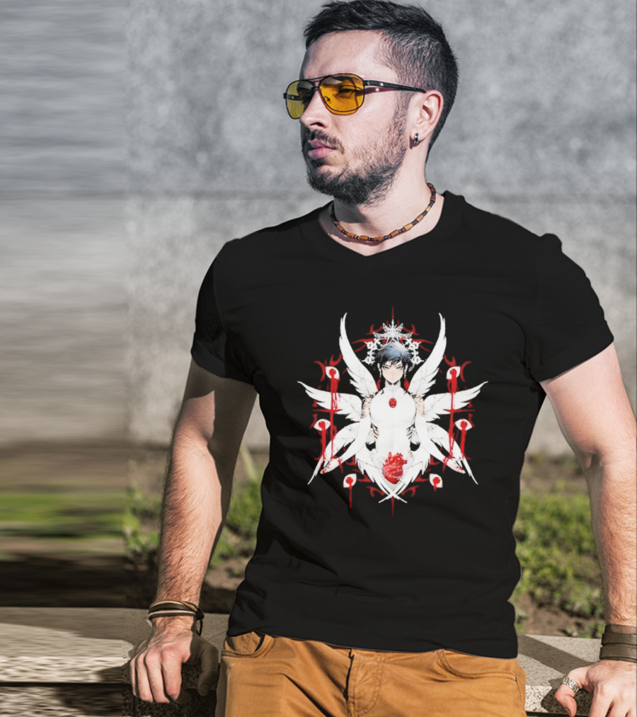 W6rst Maza Anime Angelic Figure With Wings And Red Accents T-Shirt