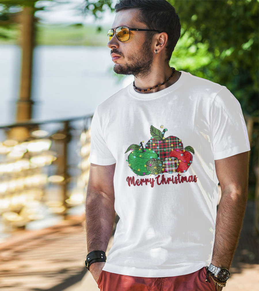 Merry Christmas Apples Plaid And Lights T-Shirt