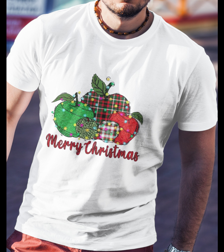 Merry Christmas Apples Plaid And Lights T-Shirt