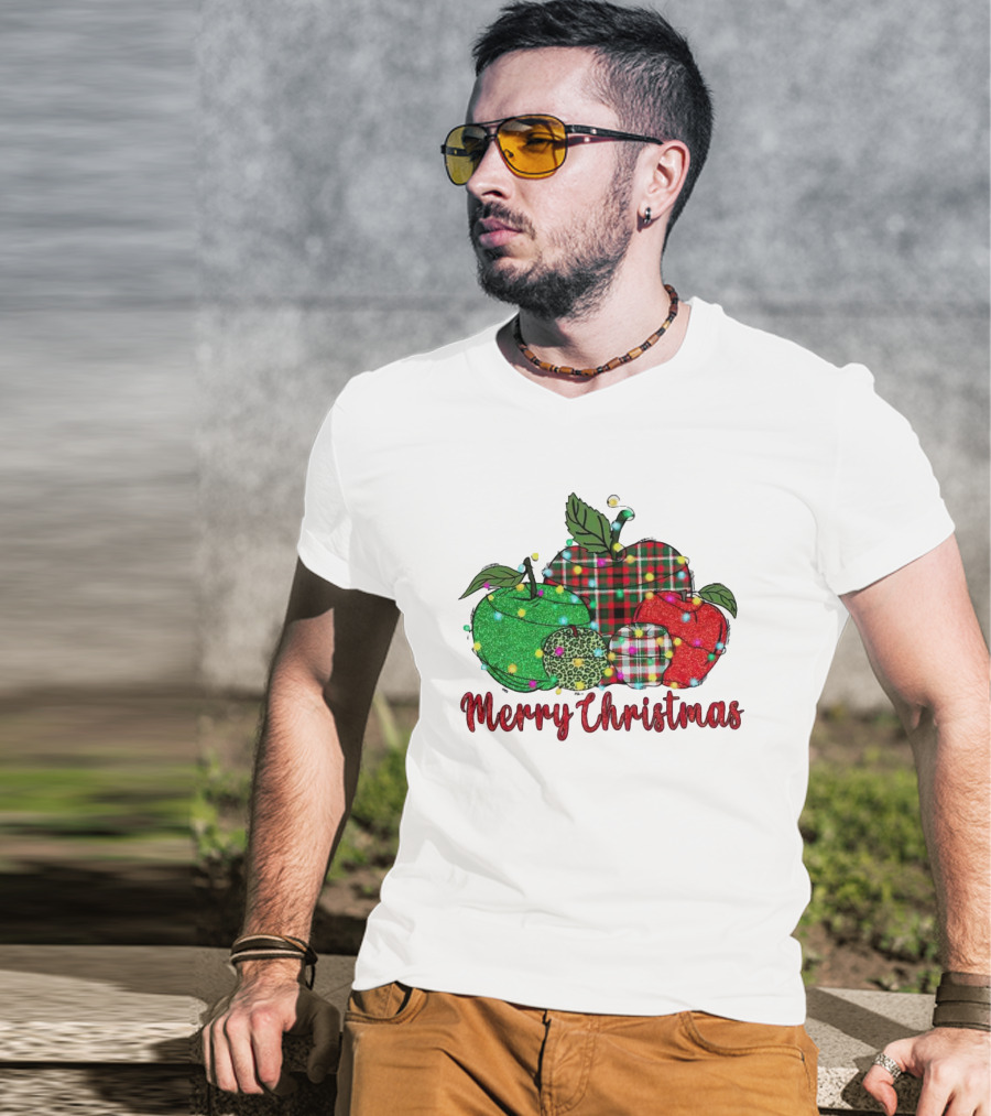 Merry Christmas Apples Plaid And Lights T-Shirt