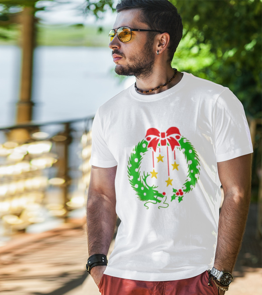 Christmas Wreath Dragon With Four Stars And Red Bow T-Shirt