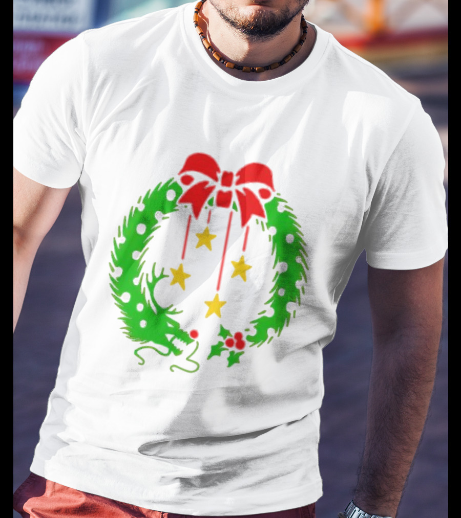 Christmas Wreath Dragon With Four Stars And Red Bow T-Shirt