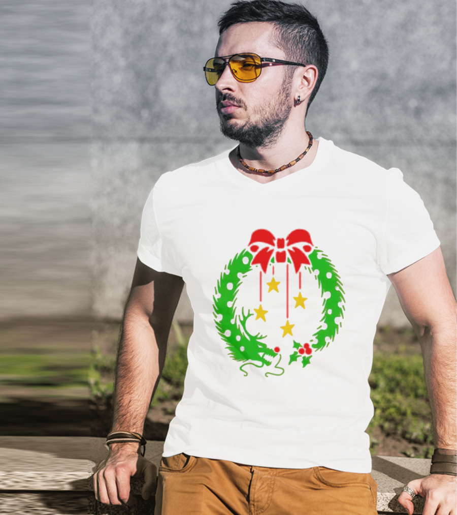 Christmas Wreath Dragon With Four Stars And Red Bow T-Shirt