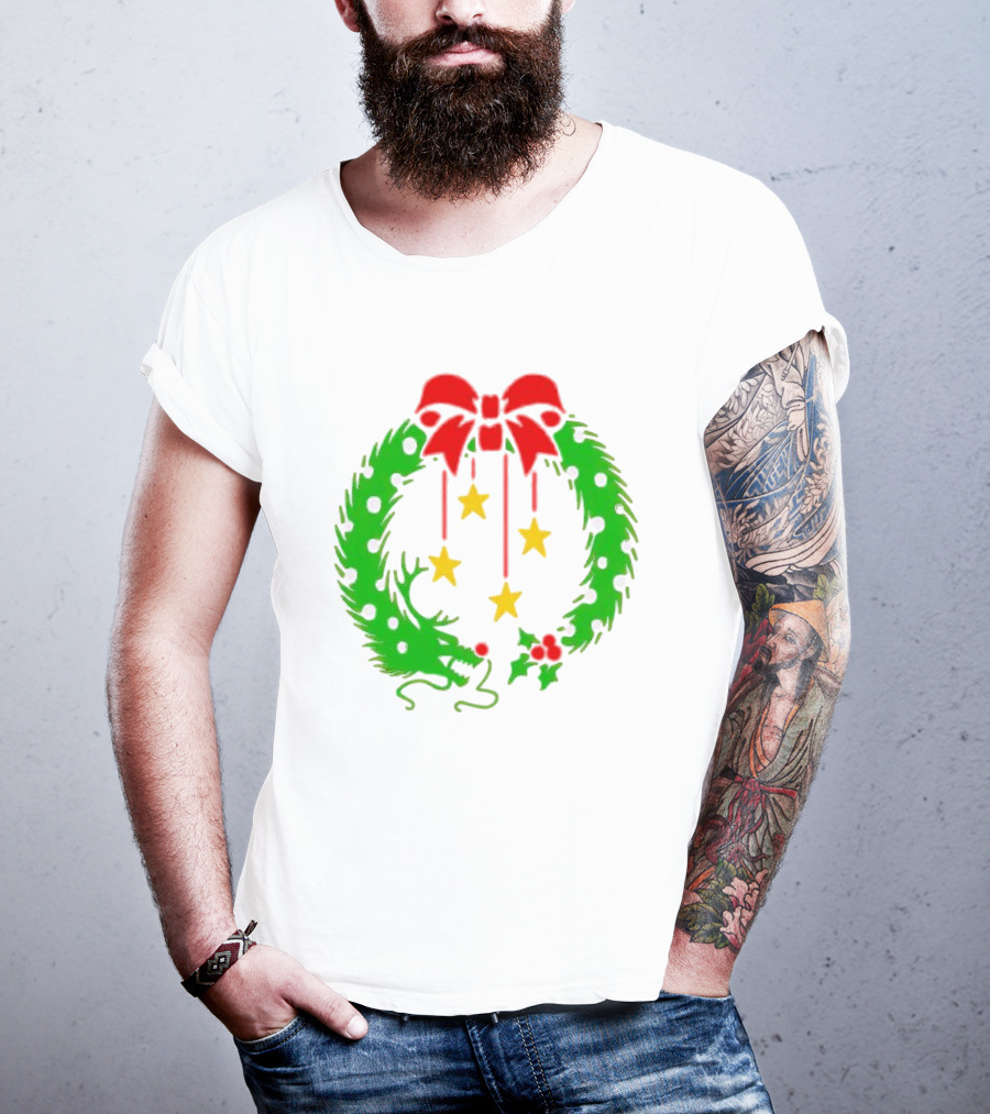 Christmas Wreath Dragon With Four Stars And Red Bow T-Shirt