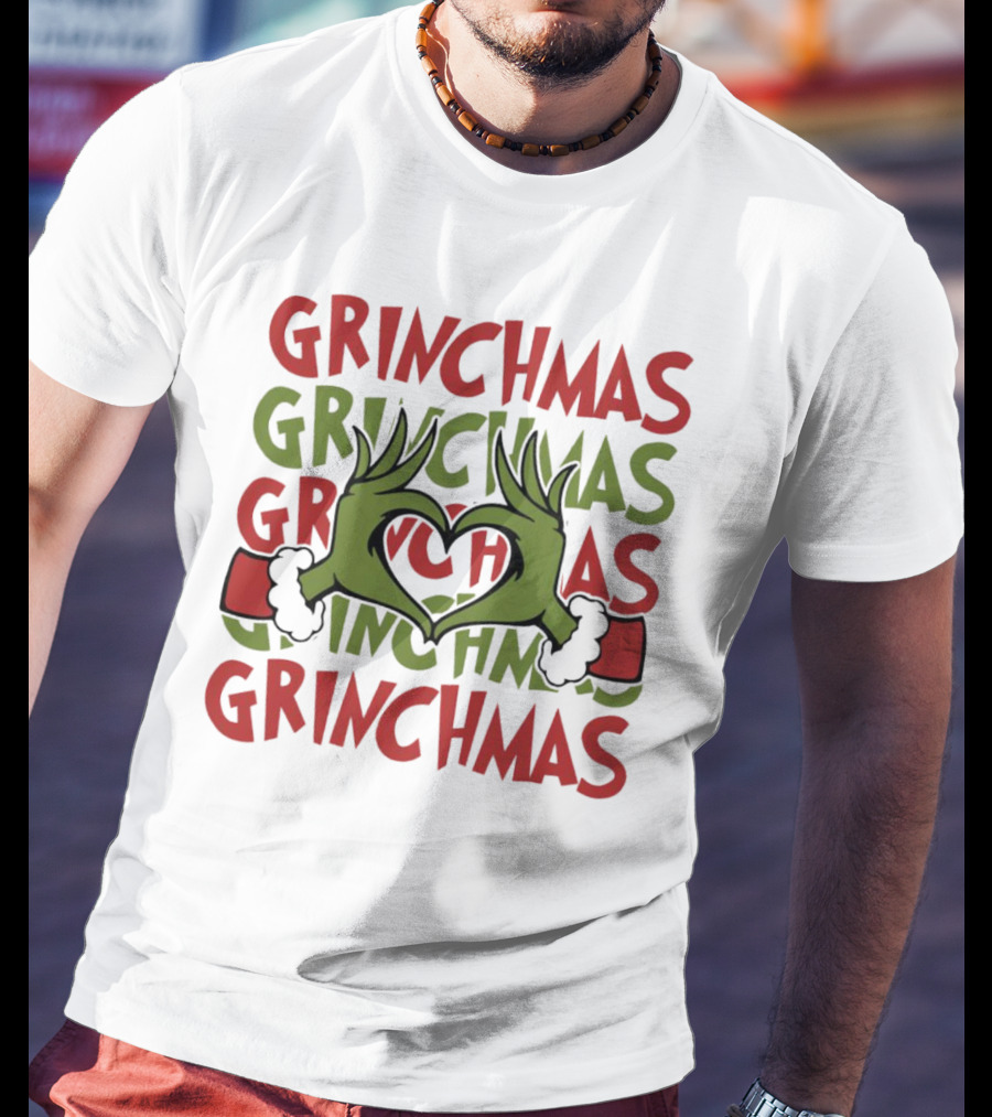 Grinch Hand Heart Love Grinchmas Repeating Text T-Shirt