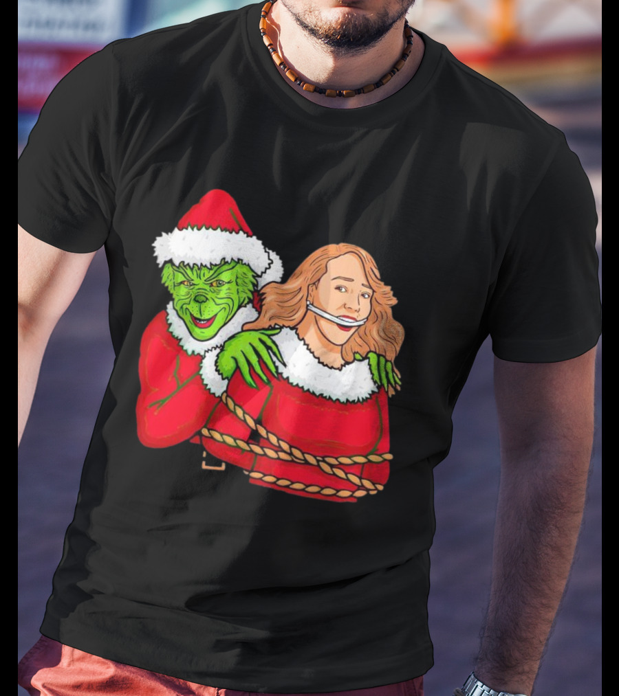 Grinch Ties Up Mariah Carey Christmas Santa Costume T-Shirt