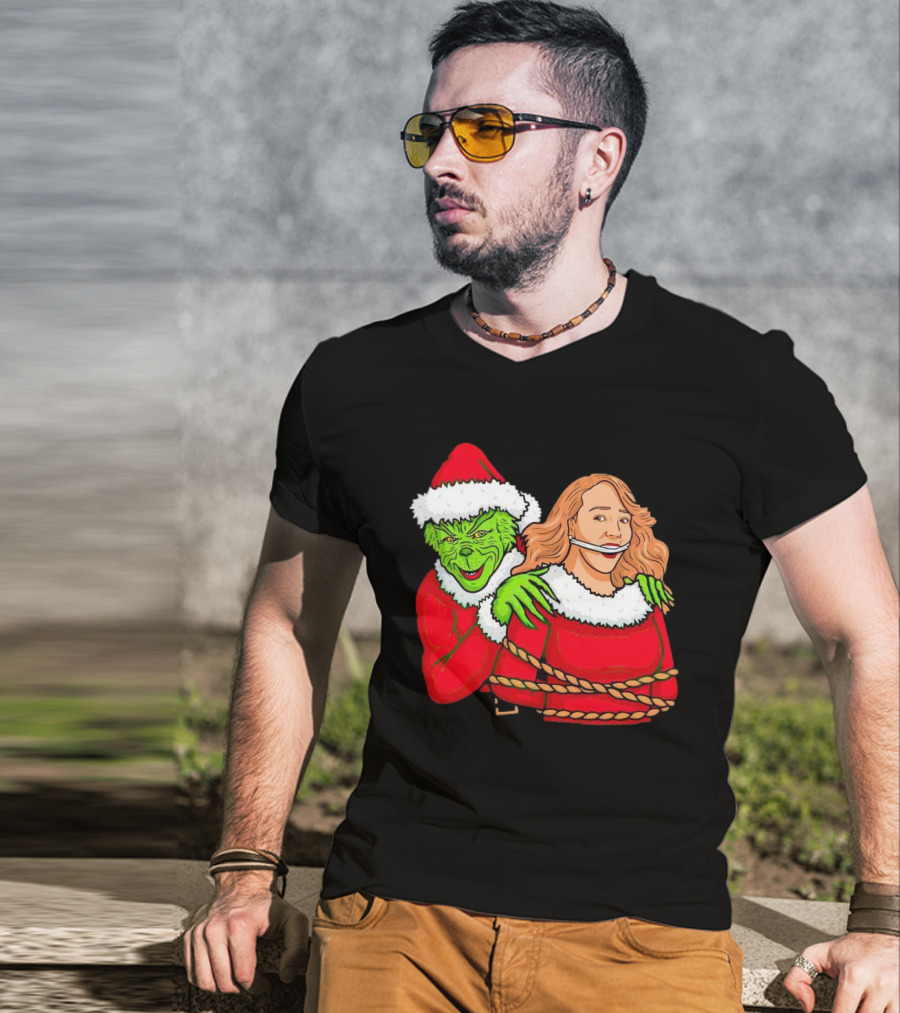 Grinch Ties Up Mariah Carey Christmas Santa Costume T-Shirt