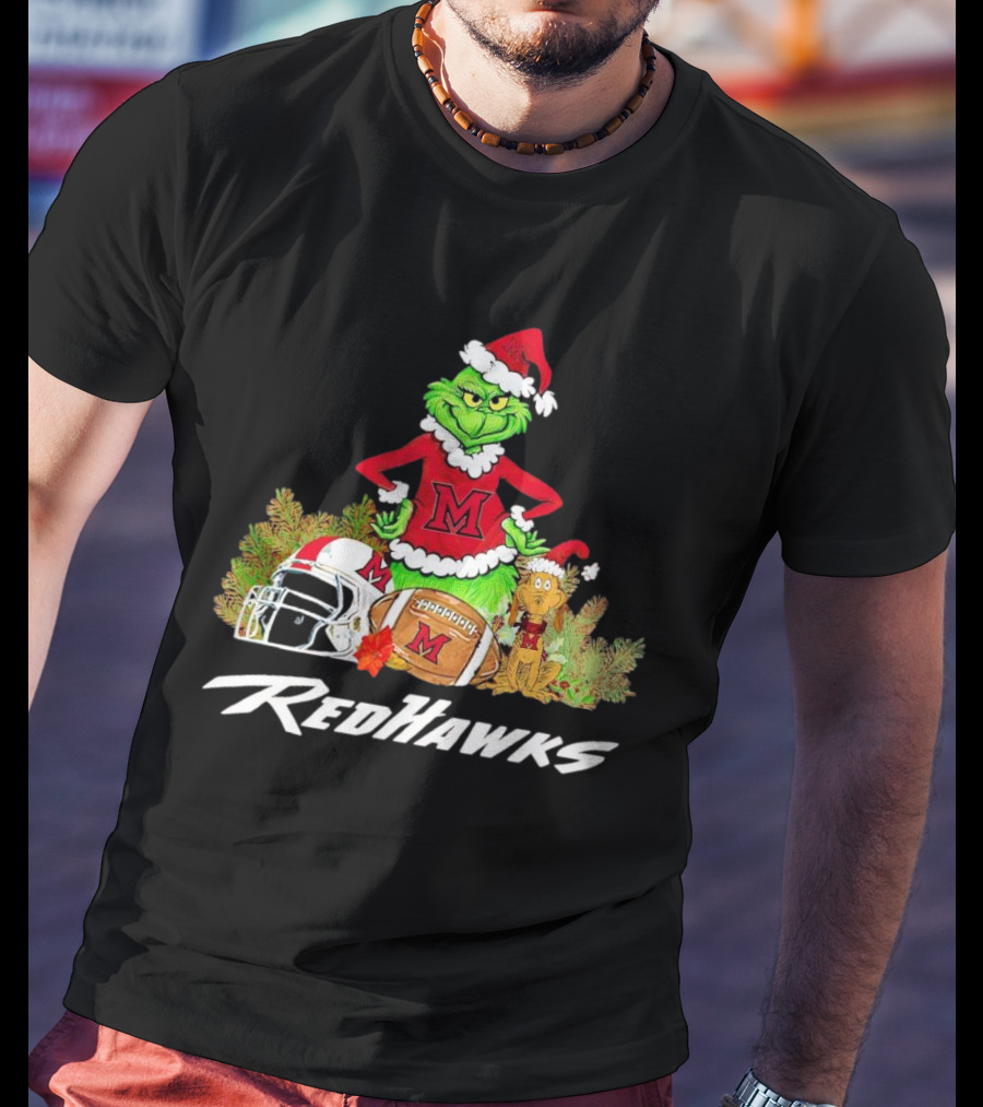 Grinch With Miami RedHawks Christmas Football Santa Hat T-Shirt
