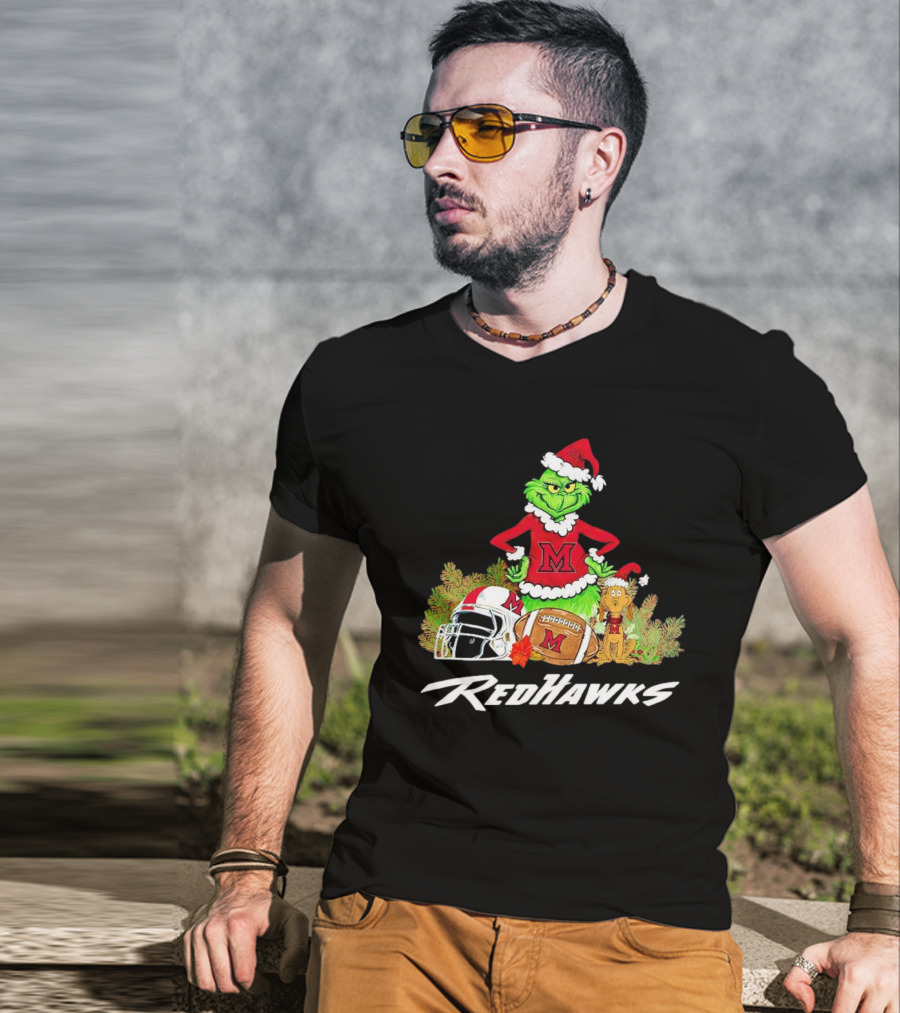Grinch With Miami RedHawks Christmas Football Santa Hat T-Shirt