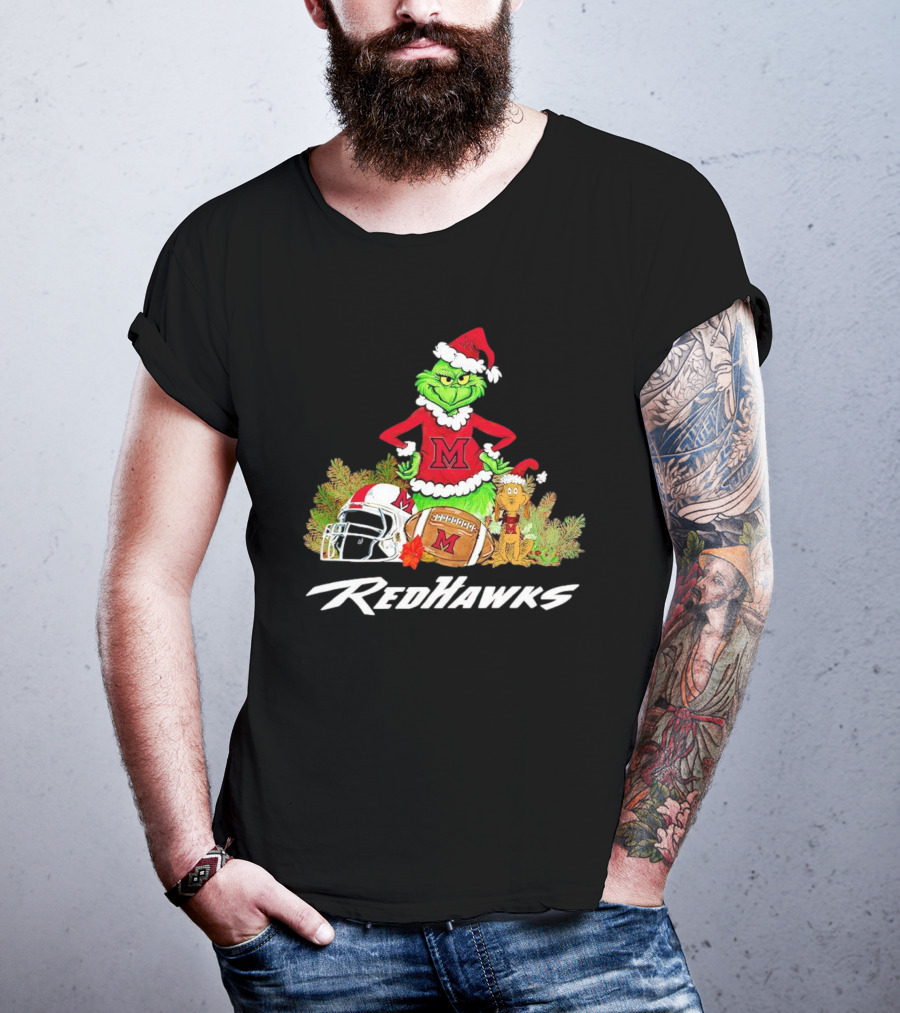 Grinch With Miami RedHawks Christmas Football Santa Hat T-Shirt
