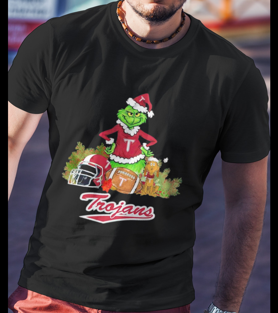 Grinch Troy Trojans Christmas Football Festive Scene T-Shirt