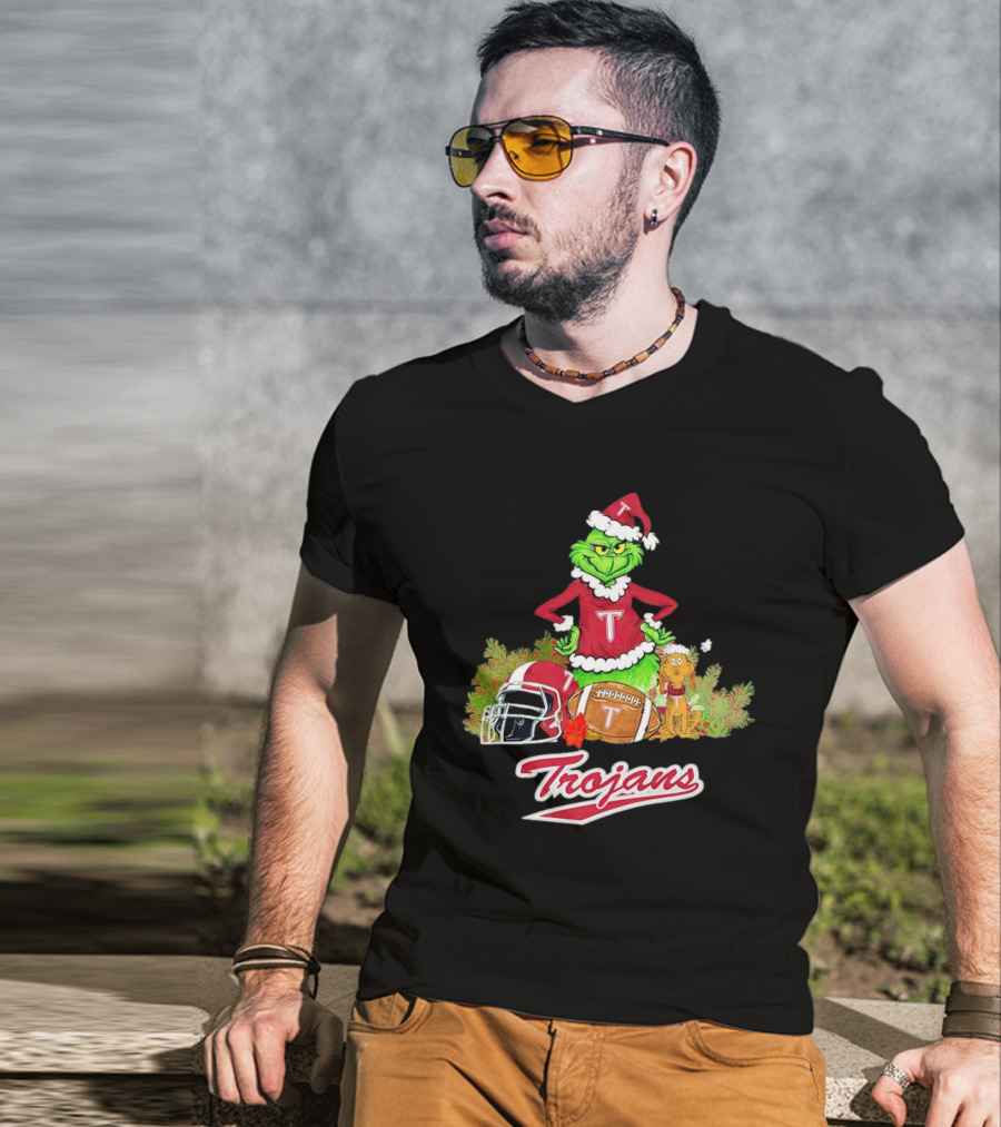 Grinch Troy Trojans Christmas Football Festive Scene T-Shirt