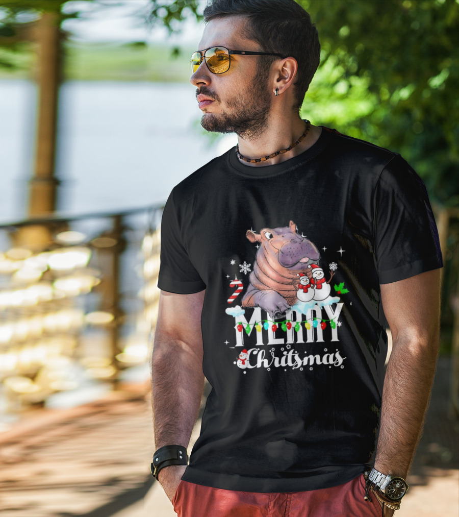 Hippo Merry Christmas Snowmen Candy Cane Lights T-Shirt