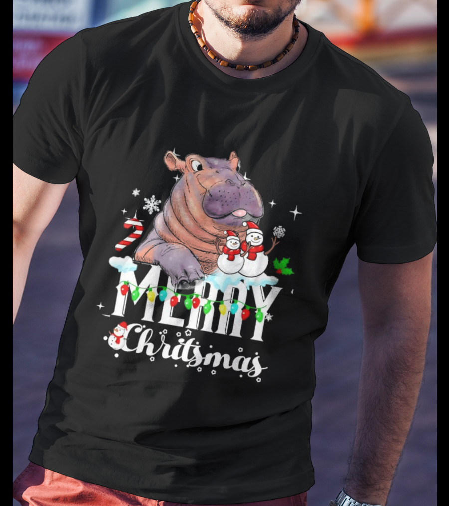 Hippo Merry Christmas Snowmen Candy Cane Lights T-Shirt