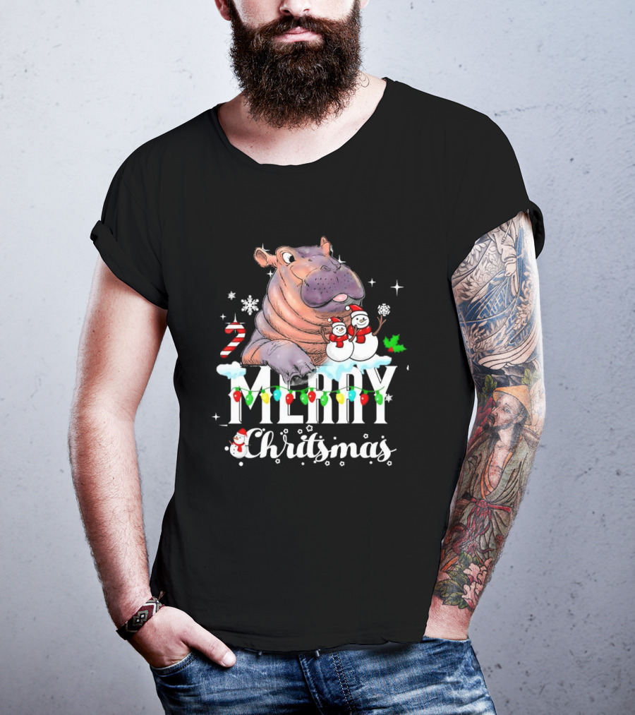 Hippo Merry Christmas Snowmen Candy Cane Lights T-Shirt