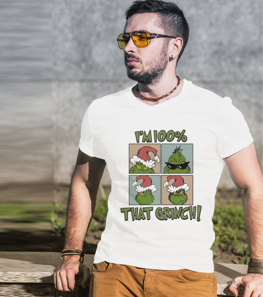 I'm 100% That Grinch Christmas Icon With Santa Hat And Sunglasses T-Shirt