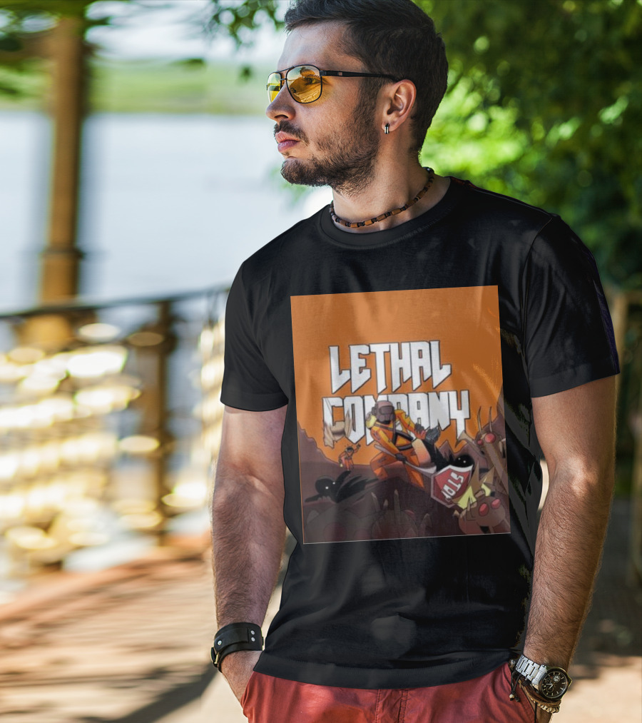 Lethal Company Stop Sign Creature Battle Scene T-Shirt