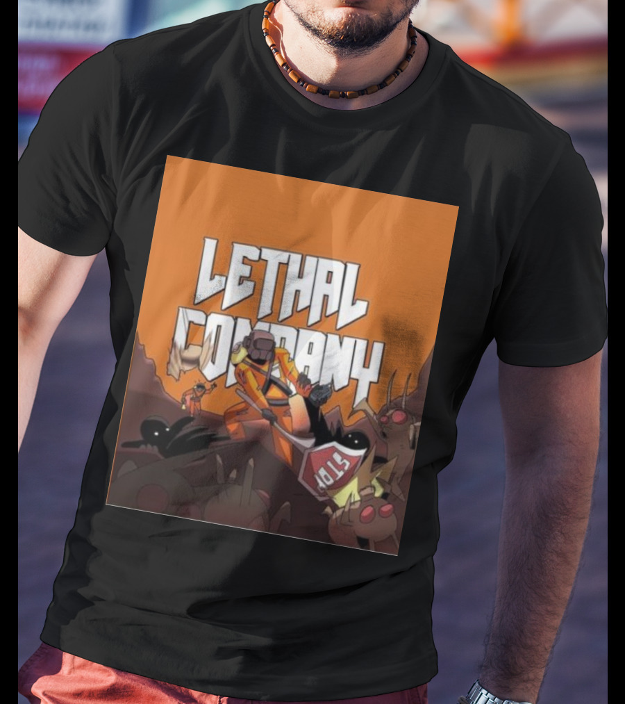 Lethal Company Stop Sign Creature Battle Scene T-Shirt