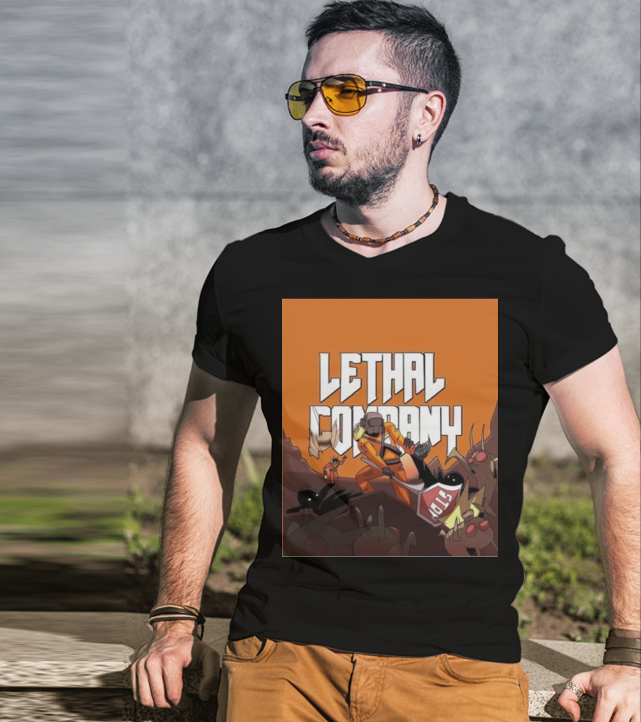 Lethal Company Stop Sign Creature Battle Scene T-Shirt