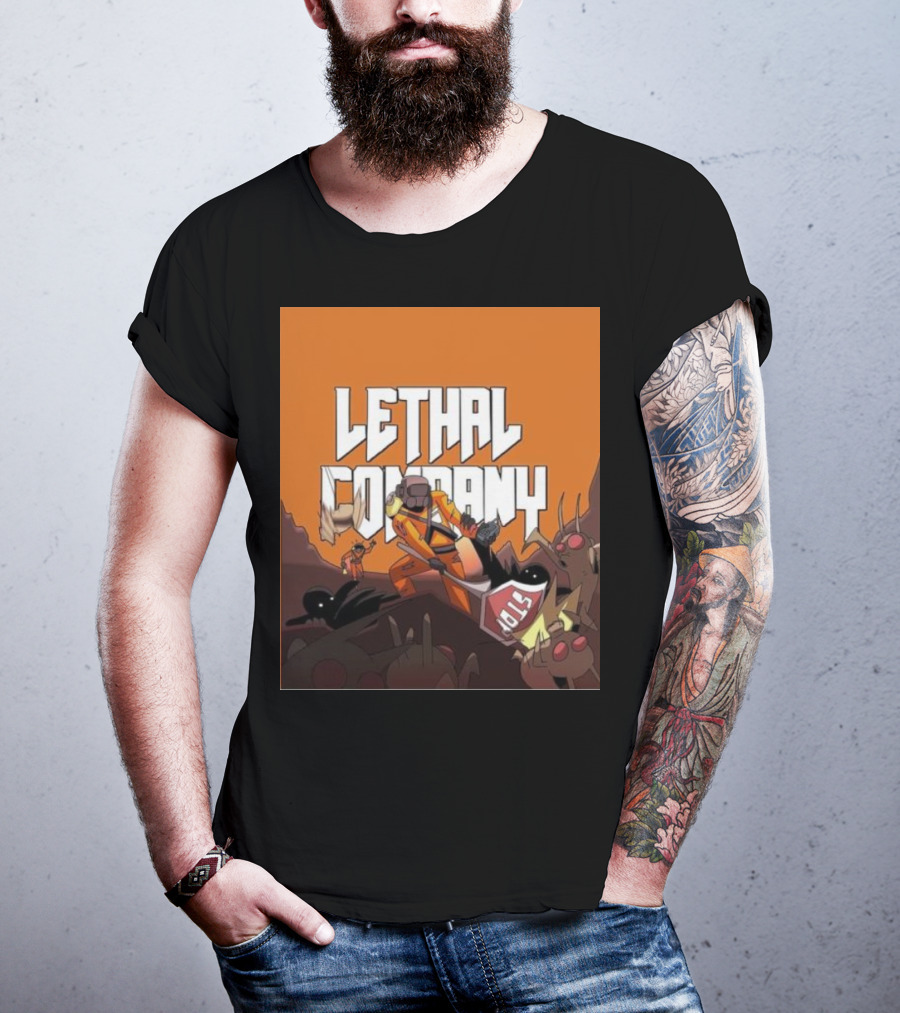 Lethal Company Stop Sign Creature Battle Scene T-Shirt