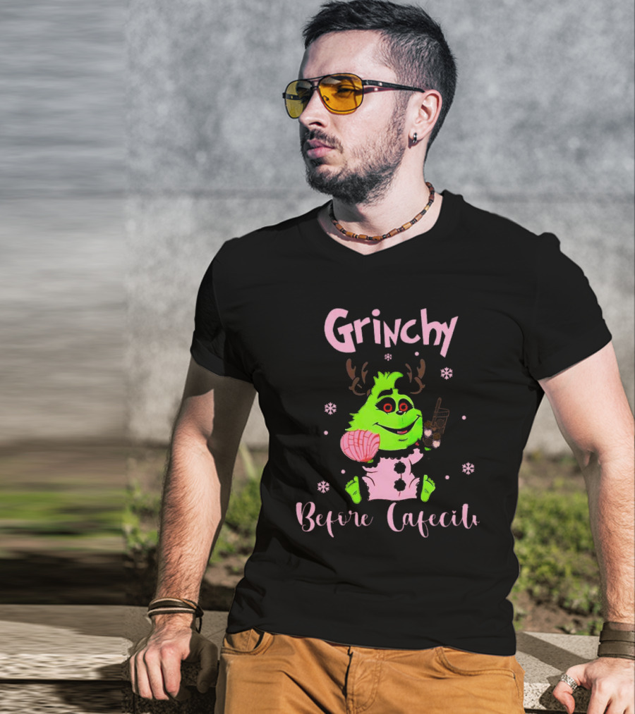 Grinchy Before Cafecito Christmas Holiday Drink Snowflakes T-Shirt