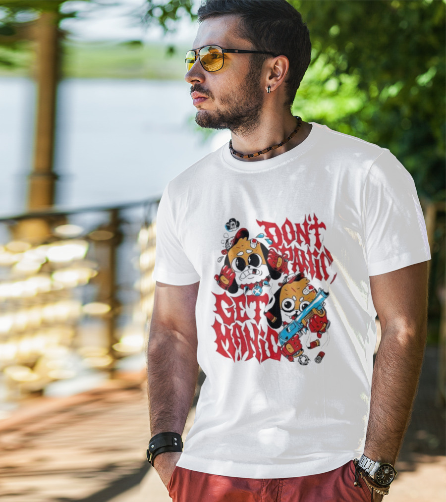 Don’t Panic Get Manic Cartoon Bears In Red And Black With Blue Gun T-Shirt